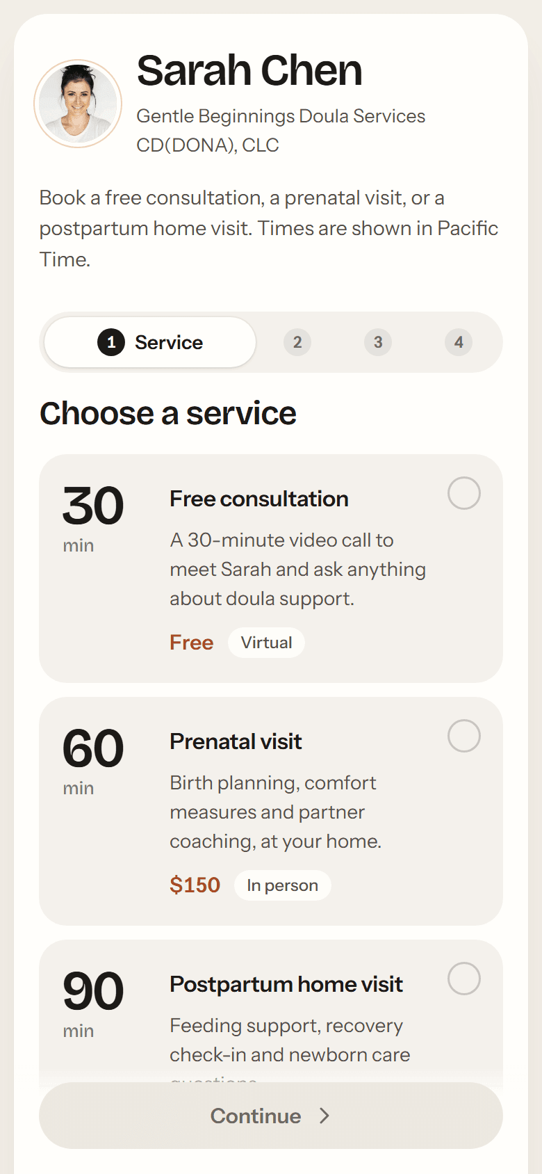 A sample doula’s booking page on a phone: a free 30-minute consultation, a 60-minute prenatal visit and a 90-minute postpartum home visit to choose from.